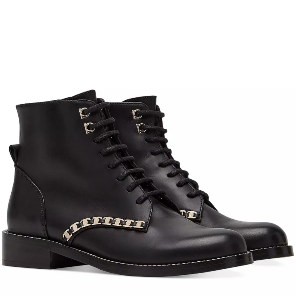 Salvatore Ferragamo Theodore Embellished Combat Boots Black -8 - Picture 1 of 8